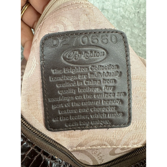 Brighton Womens Hobo Handbag Brown Leather Crocodile Print Trim Embellished M - Picture 9 of 11